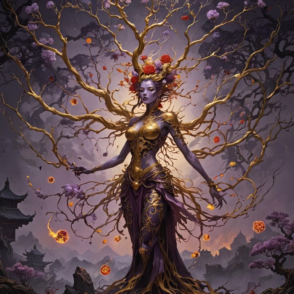 Chinese Necromancer with Fiery Floral Elements