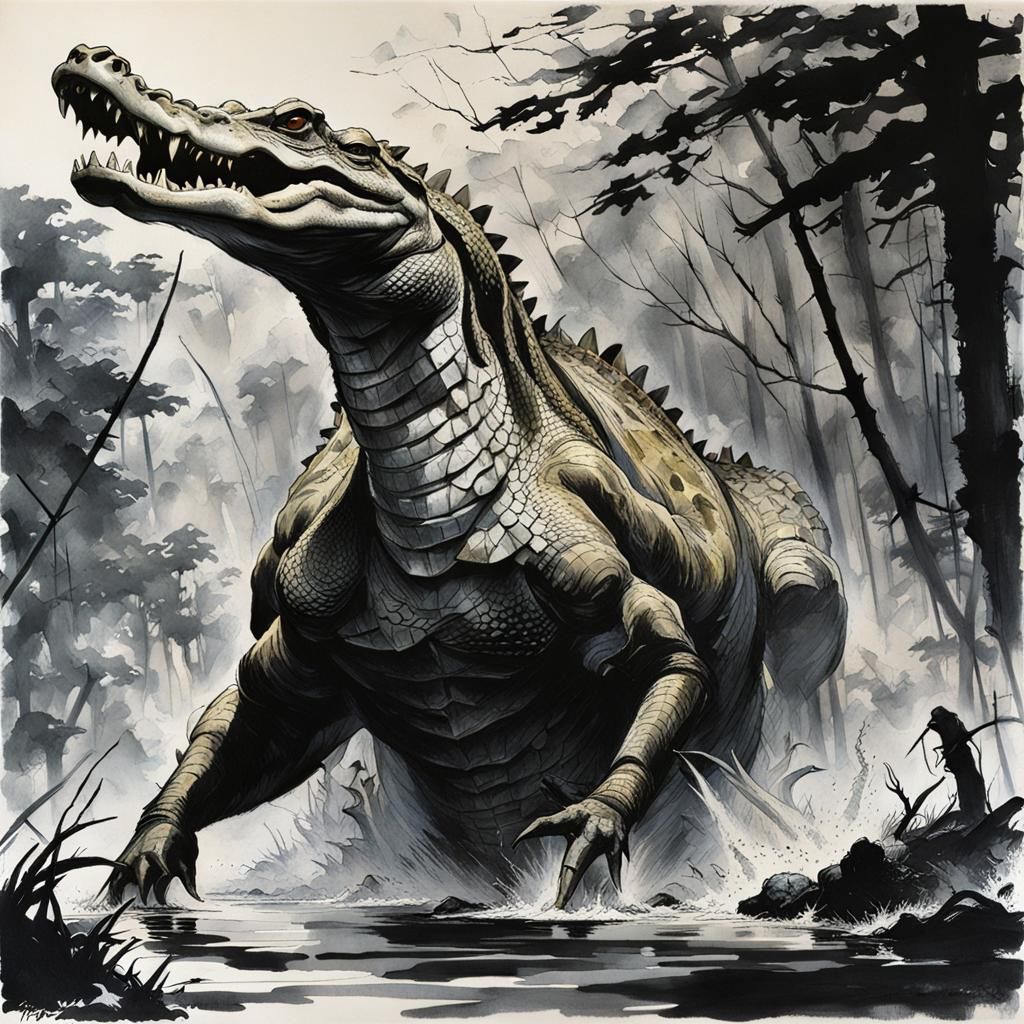 Crocodile Attack on Deer: Japanese Illustration Style