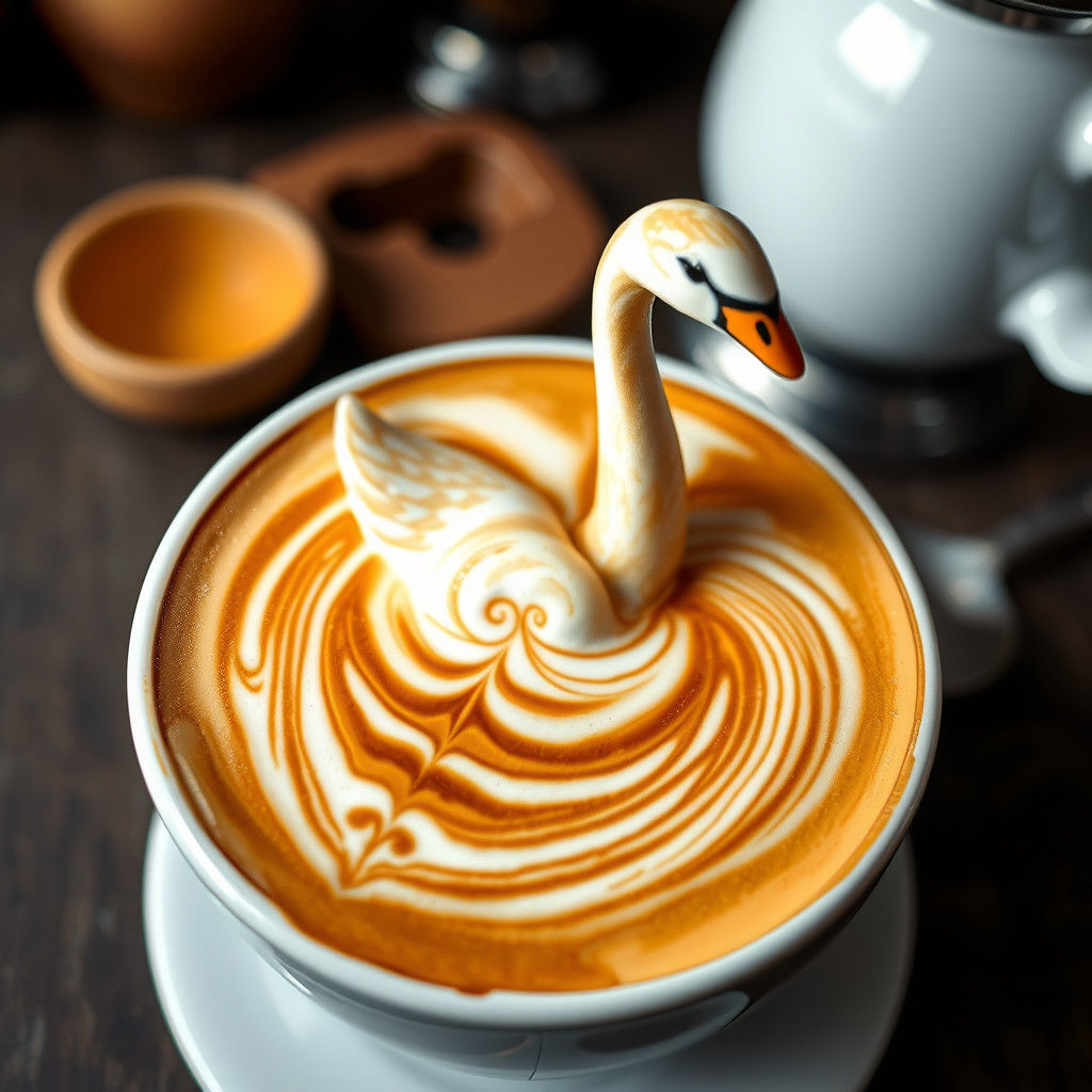 Latte Art Swan Emerges in Hypnotic Coffee Mandala