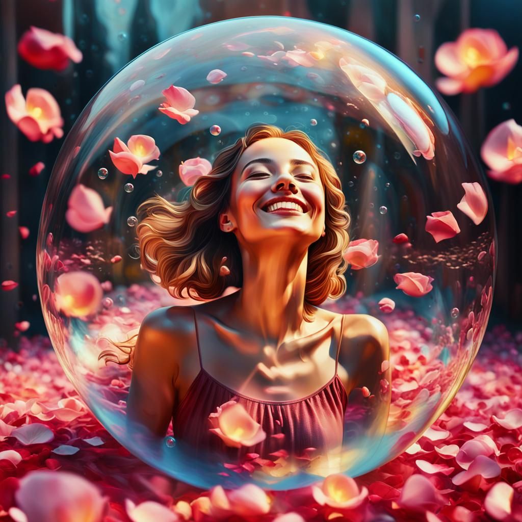 Surreal Woman in Bubble of Roses: Oil Painting