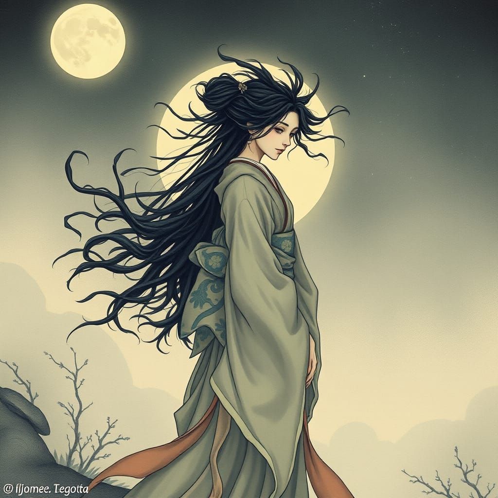 Surreal Woman in Soft Focus Ukiyo-e Style Moonlit Landscape