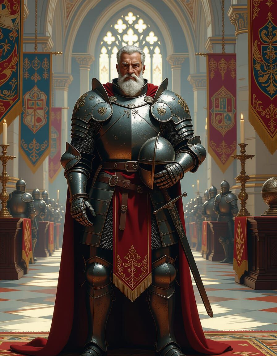 Dignified Knight in Grand Medieval Hall