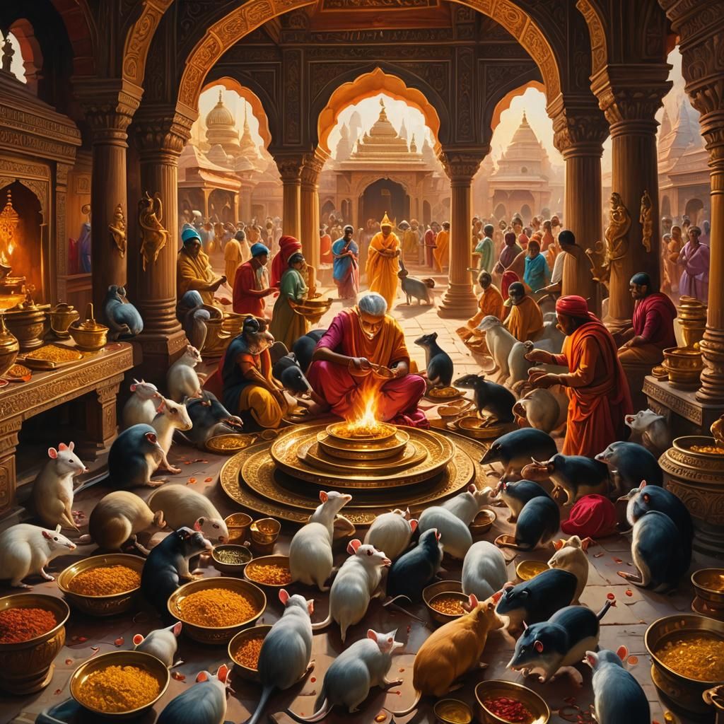 Pilgrims feed rats in a temple in India.