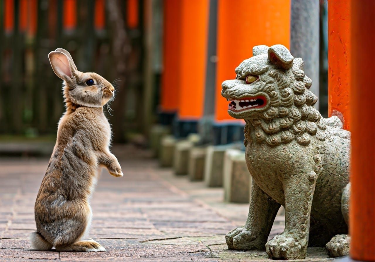 Rabbit and Shishi Dog at Okinawan Shrine