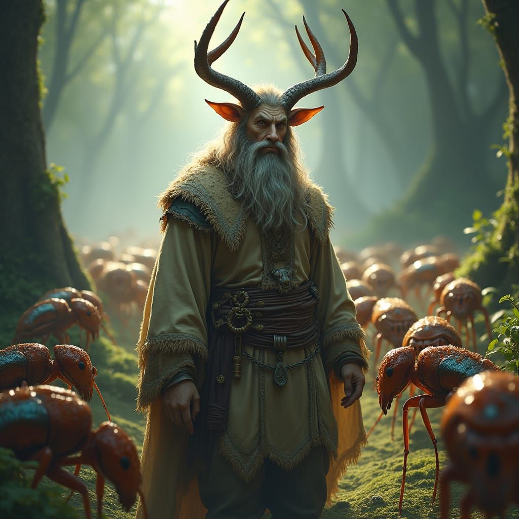 Firbolg Druid in Mystical Forest with Giant Ants
