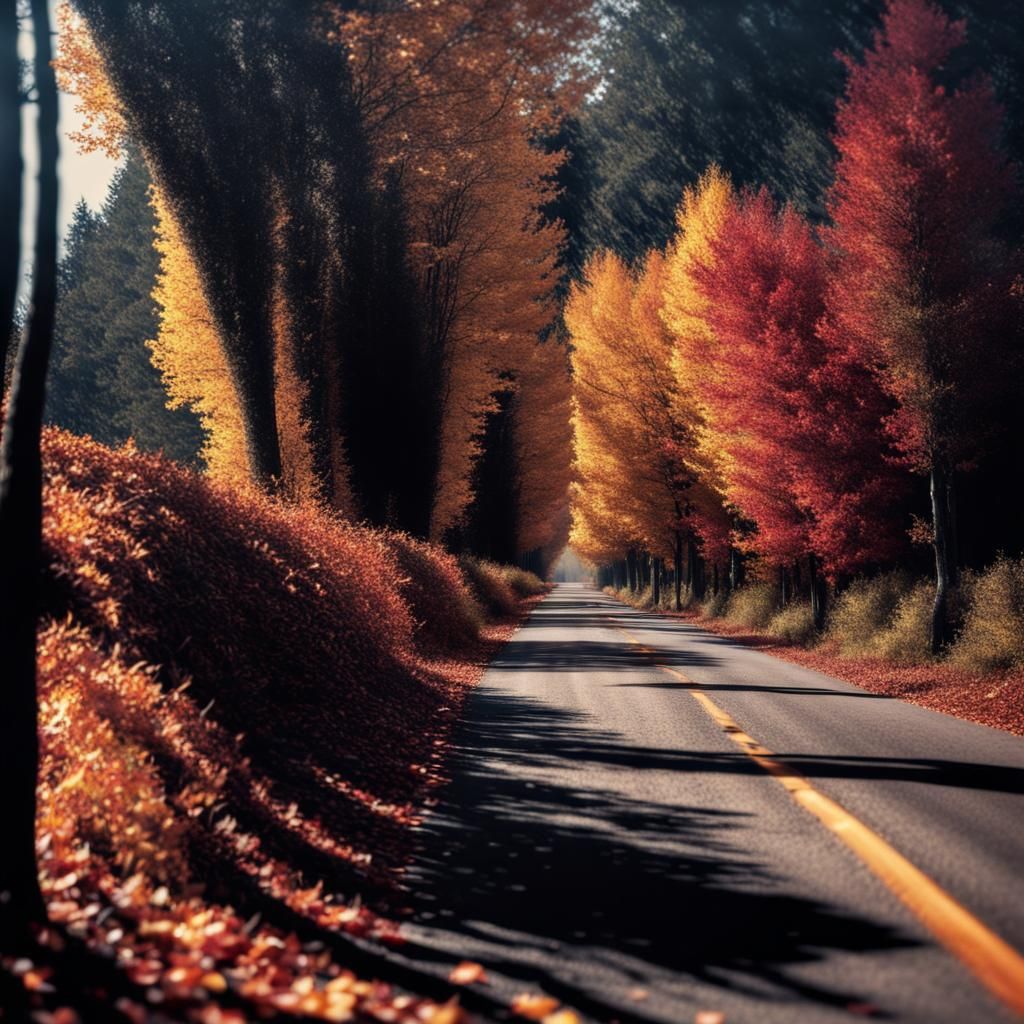 Autumn Road with Colorful Trees in HDR