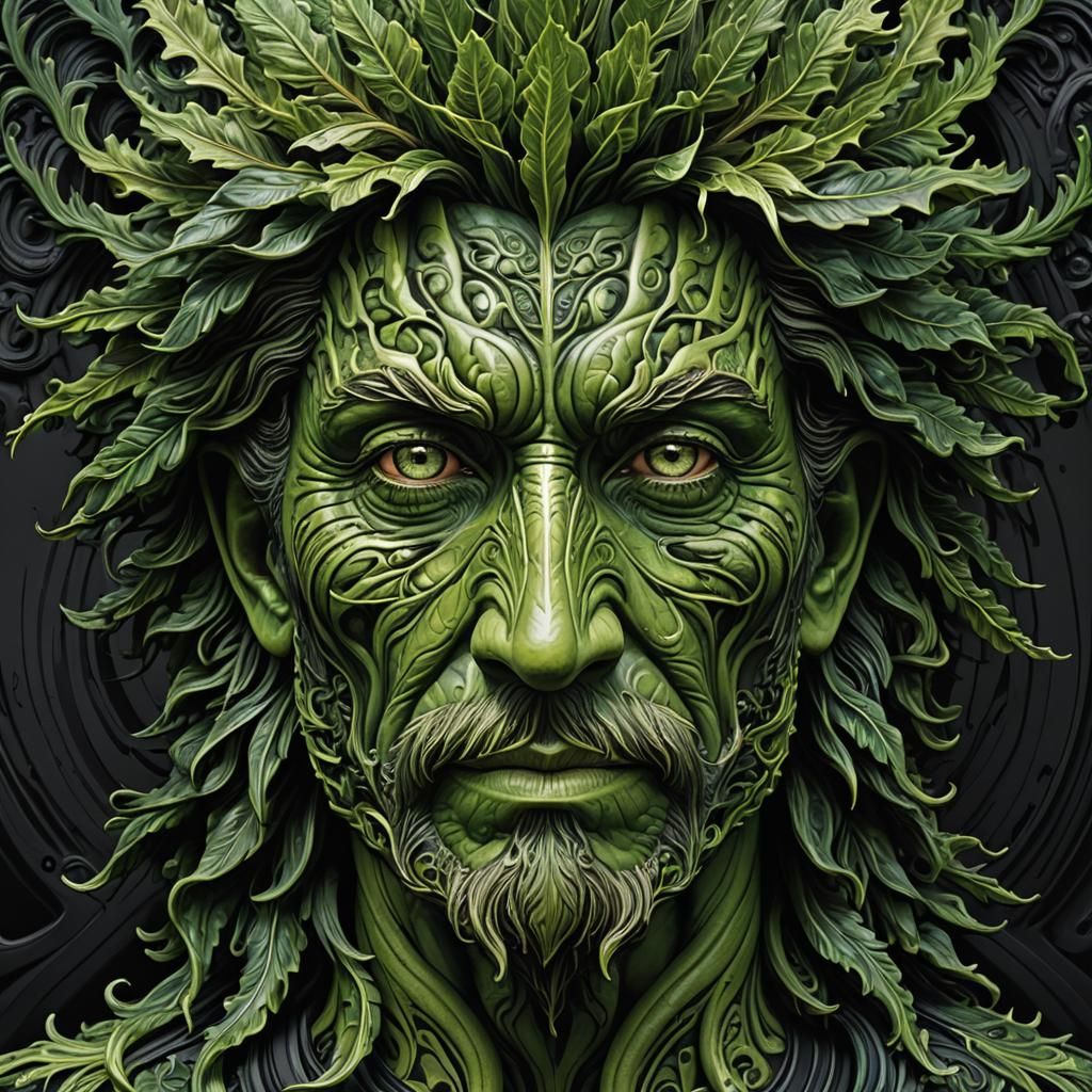 Hyperrealistic Green Man Drives on Black Road