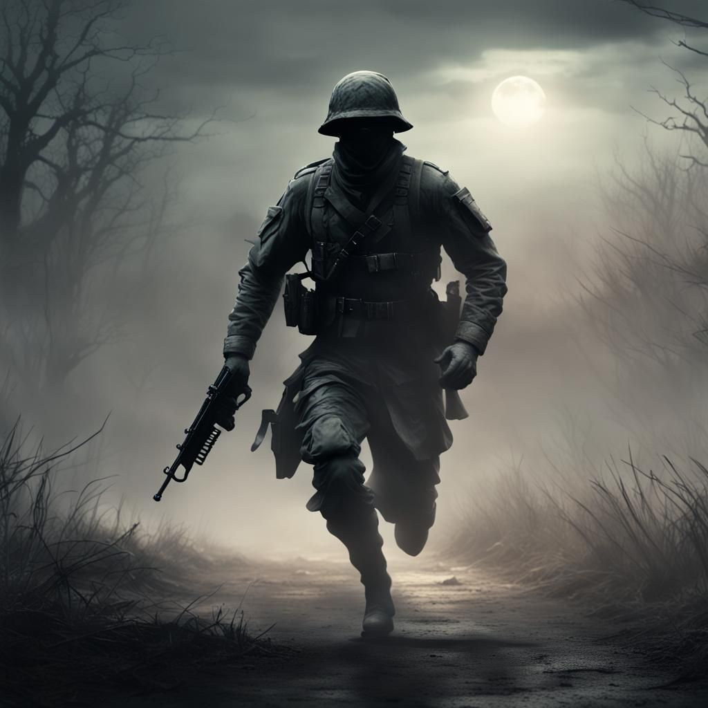 Ghost Soldier Pursued Across Gloomy Battlefield