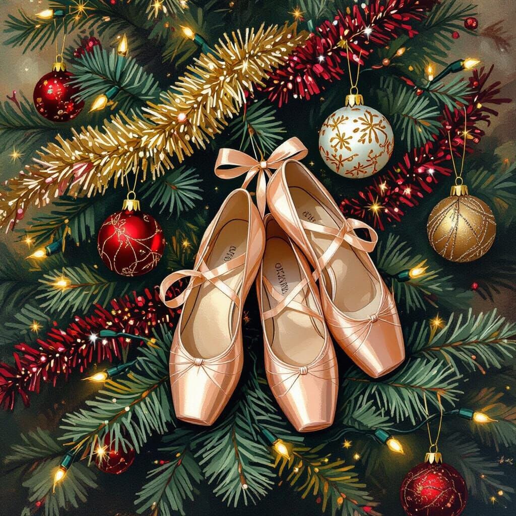 Ornate Christmas Tree with Ballet Shoes, Impressionist Style