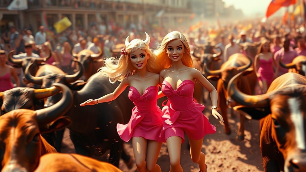 Barbie and Ken Run with Bulls in Digital Art Style