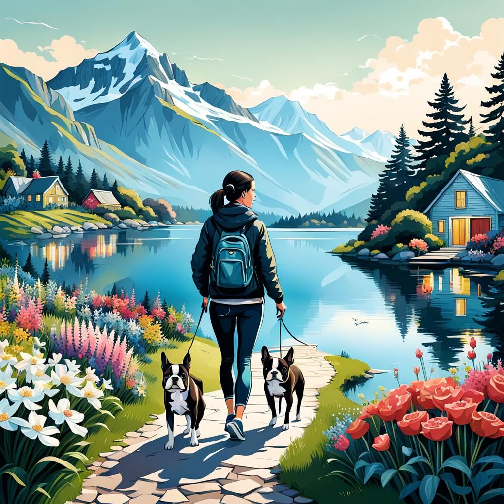 Girl and Dog at Lake Cottage in Vector Art