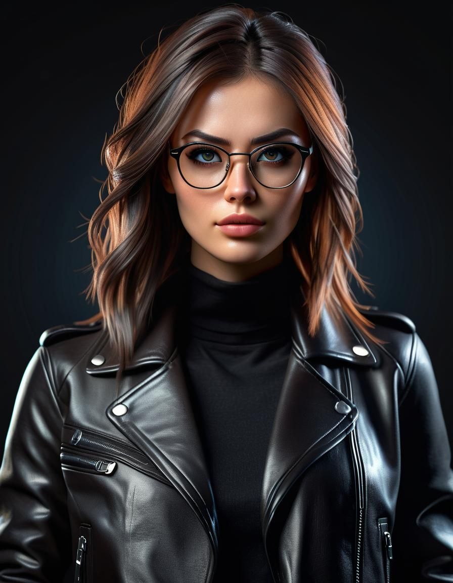 Realistic Portrait of a Geek Girl in Leather