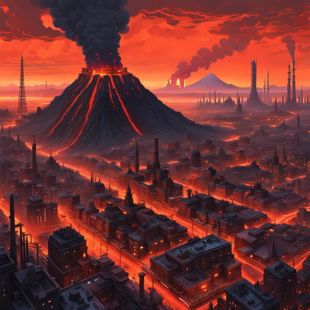 Steampunk Metropolis Powered by Molten Volcano