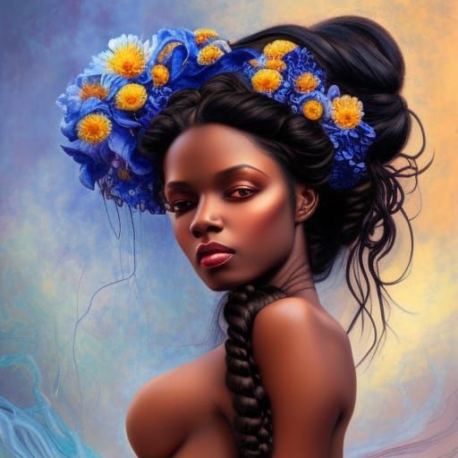 Neo-Victorian Black Beauty with Flowers, Digital Art