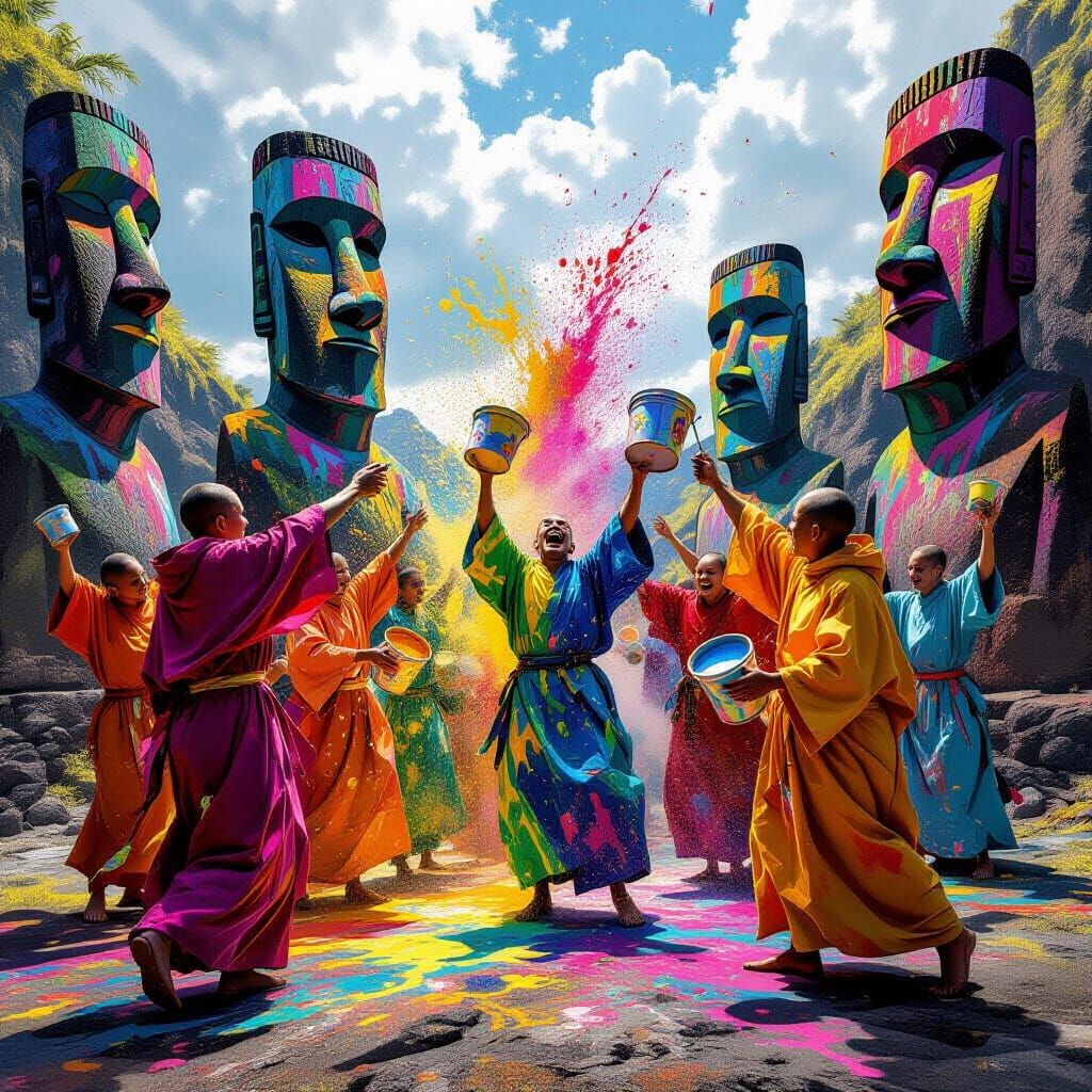 Monks Toss Paint on Easter Island Heads in Pollock Style