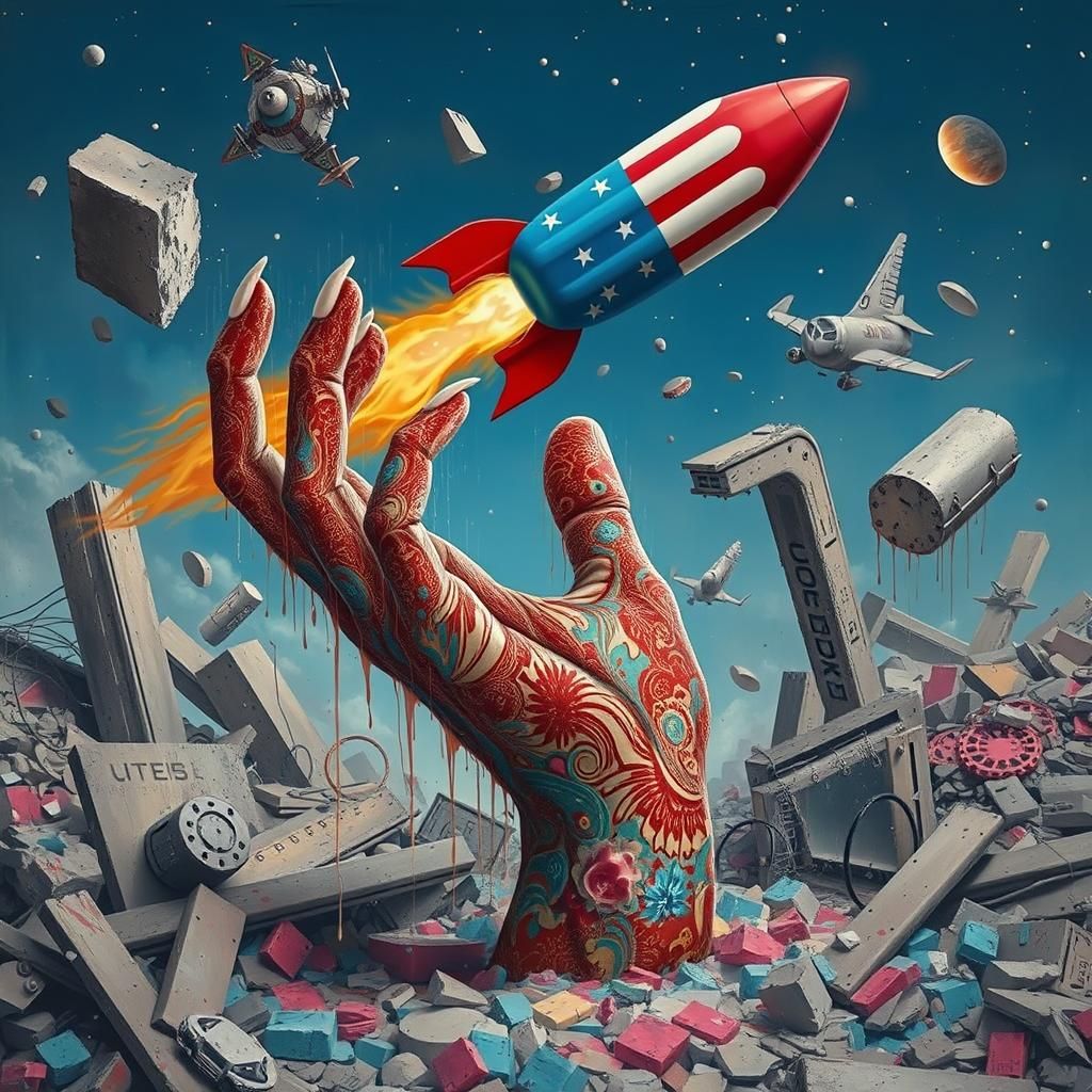 Surreal Bomb-Pop Soars Over Withered Hand in Rubble