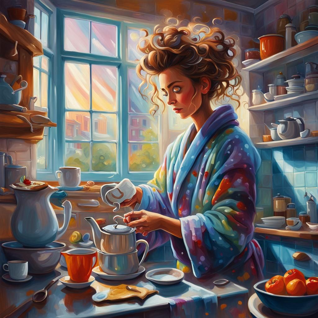 Whimsical Cartoon Woman Making Coffee: Oil Painting