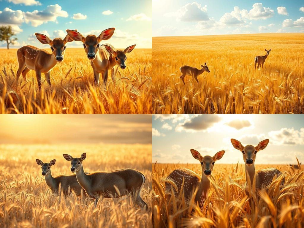 Golden Light Illuminates Serene Wheat Landscape with Grazing...
