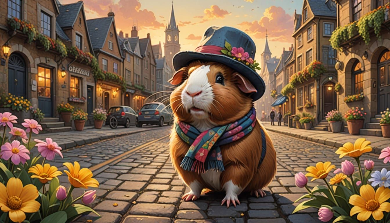 Whimsical Guinea Pig Explorer in Sunny Prague, Oil Painting