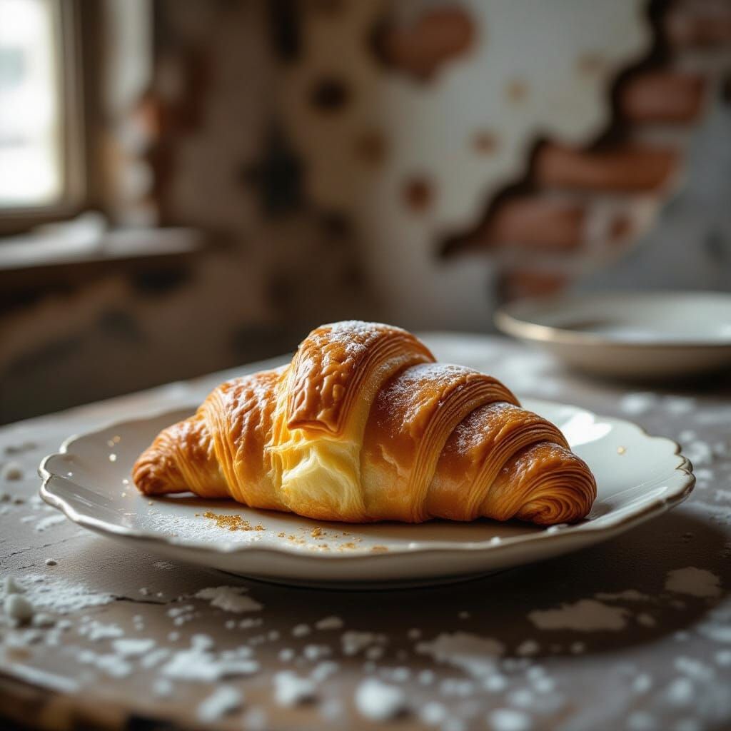Golden Croissant with Glitter on Chipped Plate