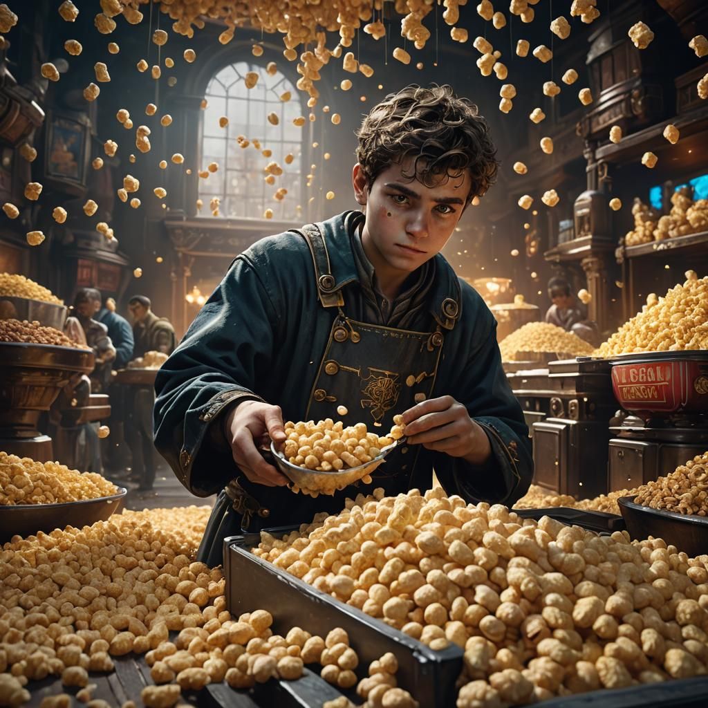 Futuristic Popcorn Machine Interaction in Dark Fantasy Style
