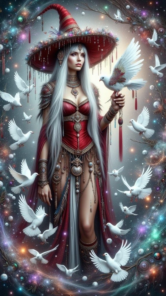 Ethereal Witch Embracing White Dove Celestial Aura
