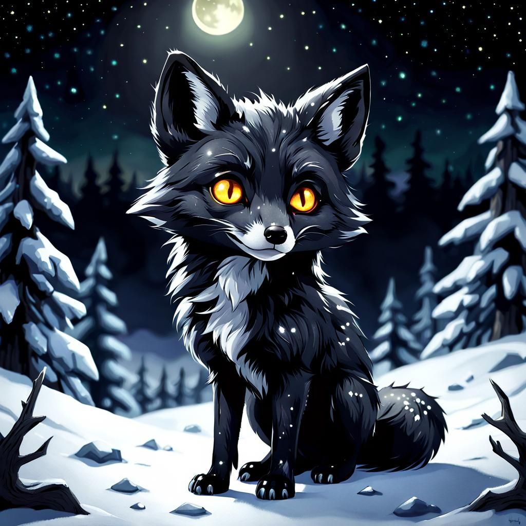 Undead Black Fox in Winter Scene, Watercolor Style