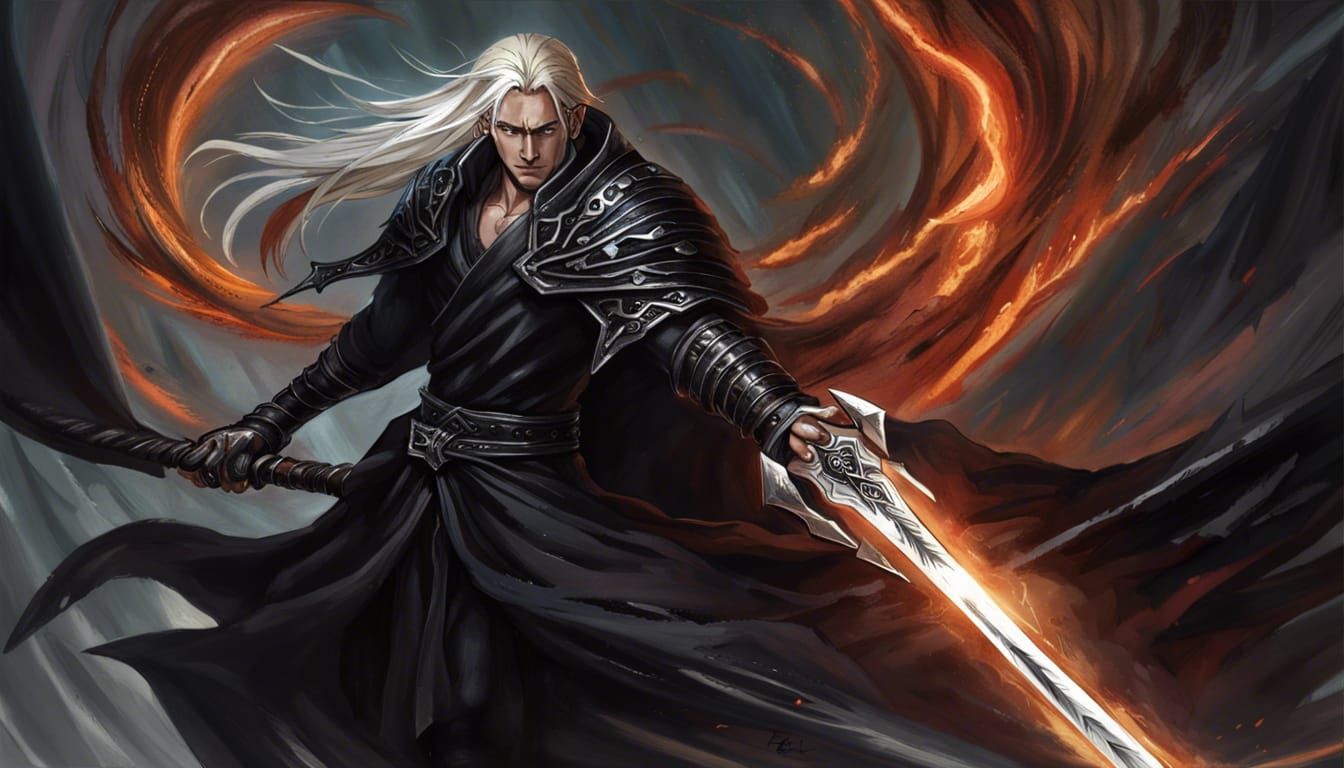 Elric holding massive black runeblade, soul stealing blade, ...