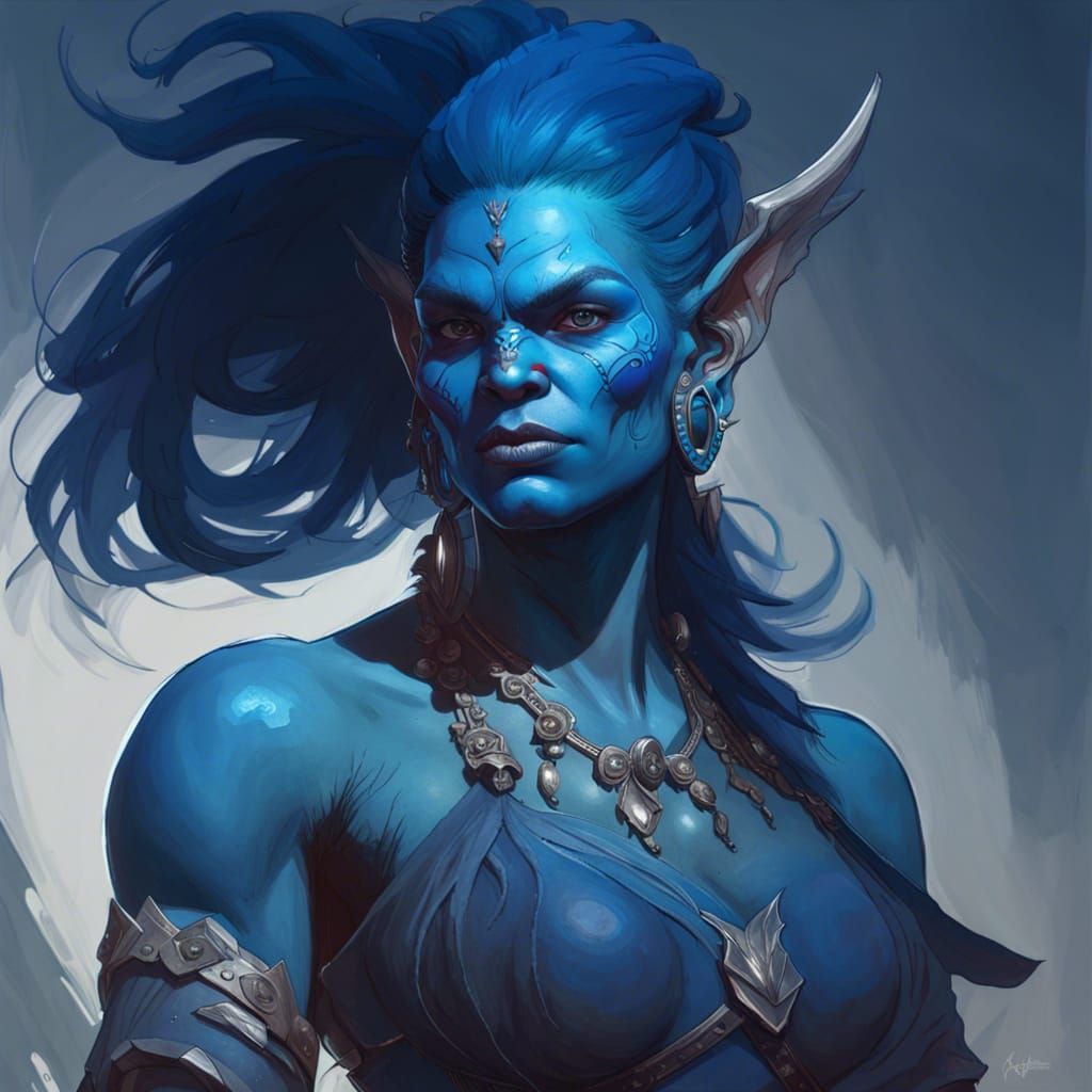 Blue Orc Woman Portrait in Hyperdetailed Digital Art