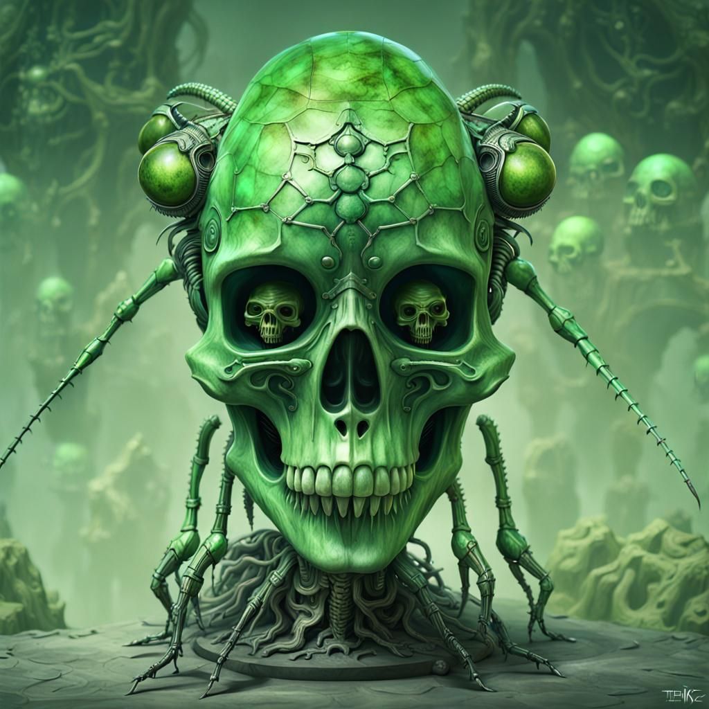 Whimsical Jade and Metal Alien Skull Art
