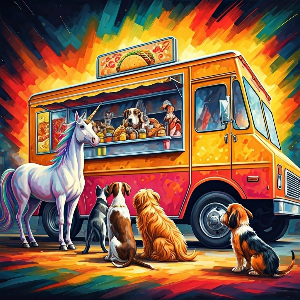 Dogs and Unicorns Gather Around a Colorful Taco Truck, in Di...