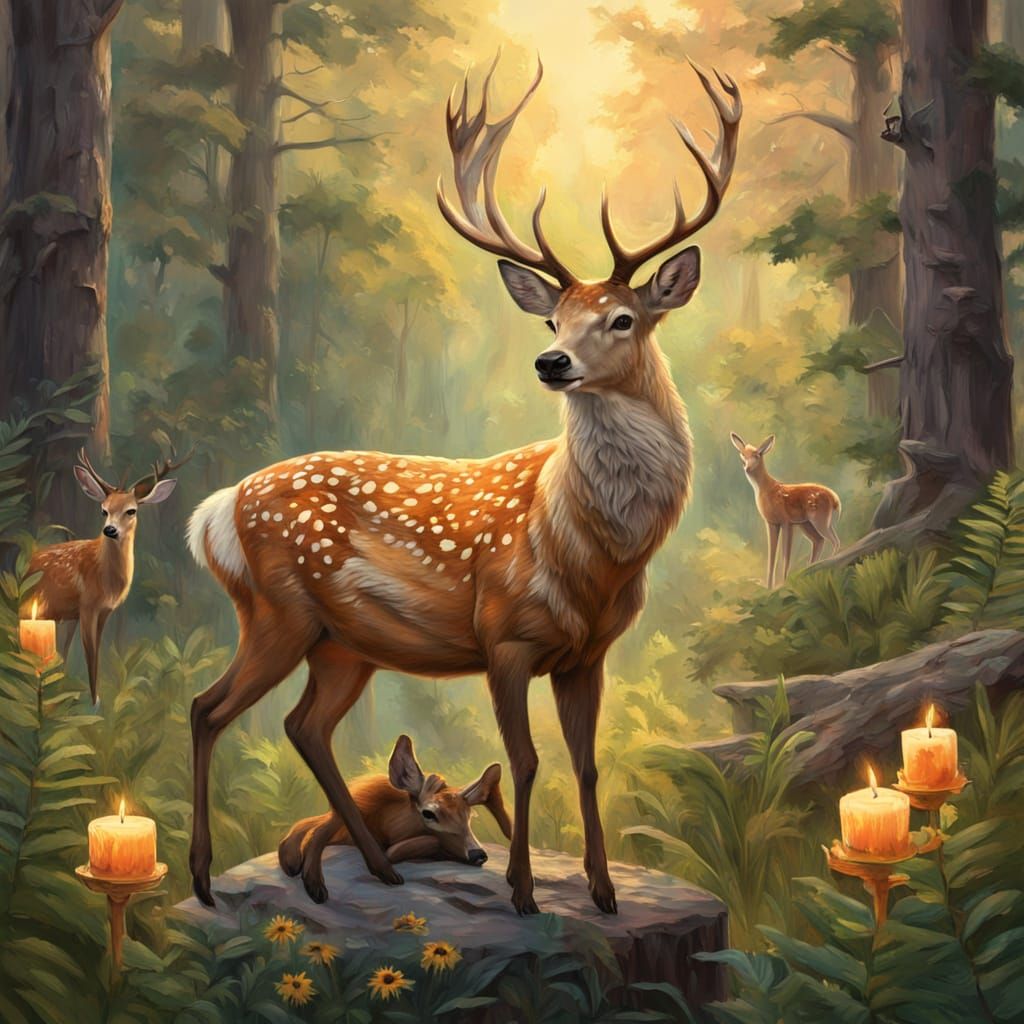 Whimsical Wildlife Scene with Birthday Cake and Gentle Creat...