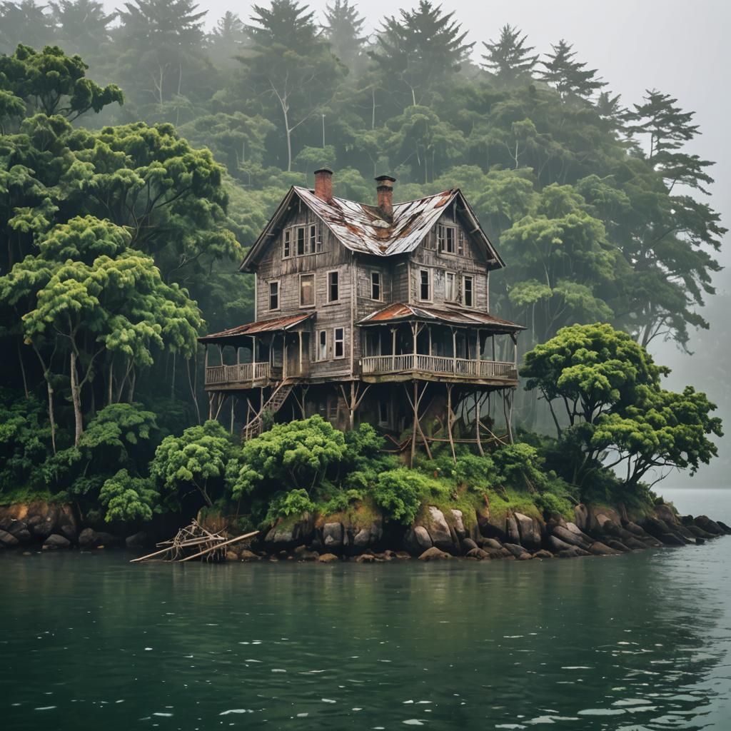 Rickety House on Tiny Island in Ocean