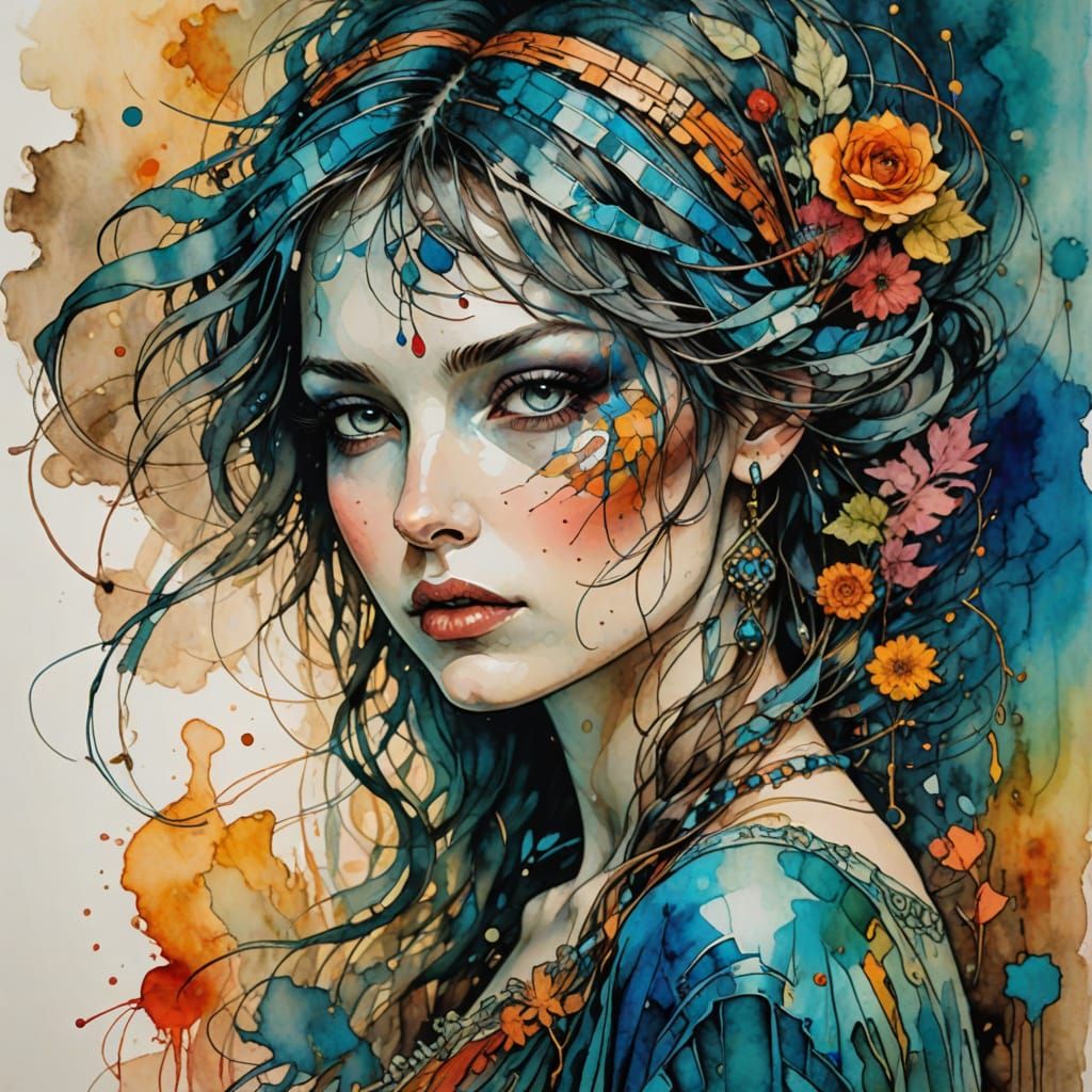 Surreal Whimsical Portrait in Vibrant Alcohol Ink