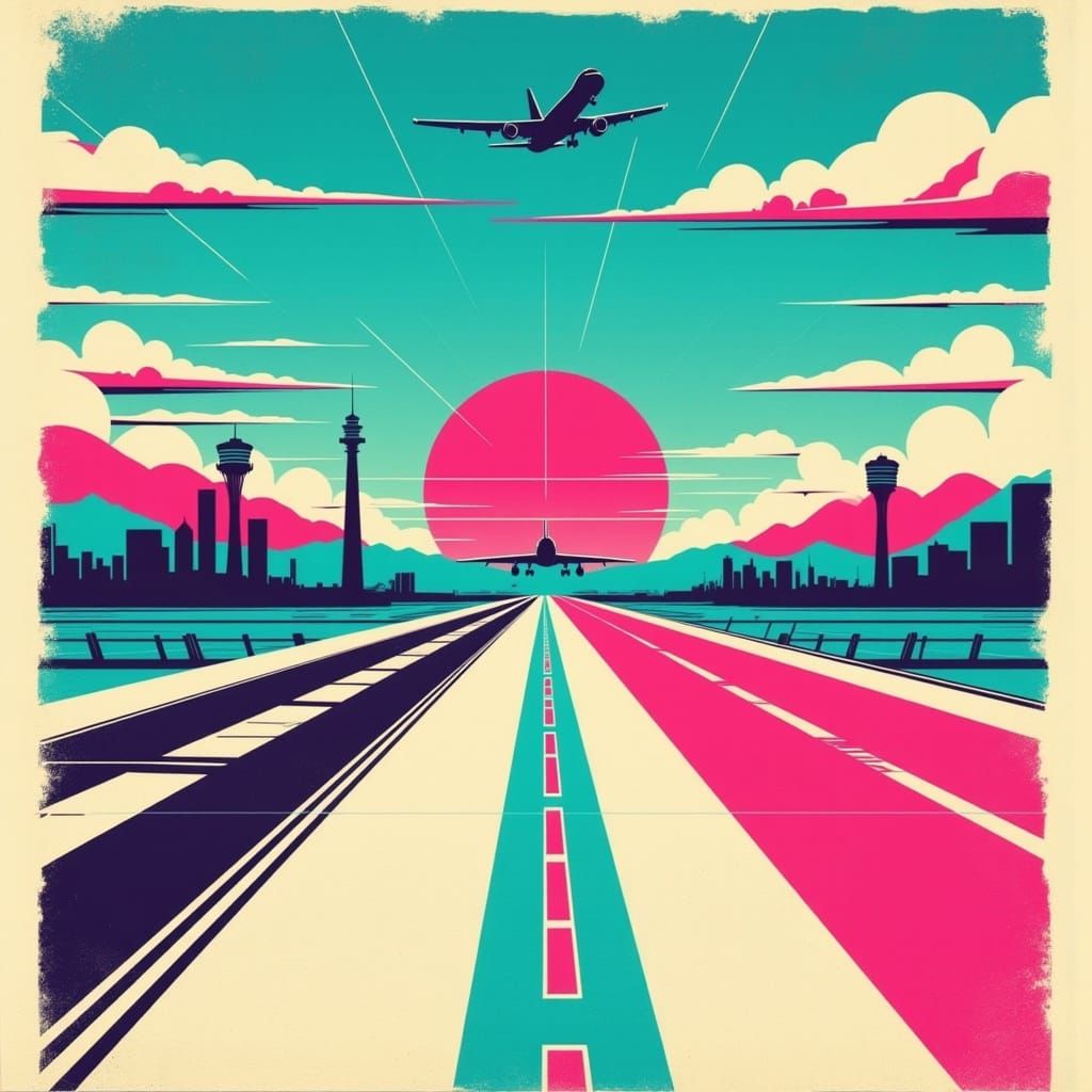Vibrant Retro Airport Runway in Synthwave Style