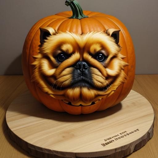 A big pumpkin with the face of a Pekingese carved into it.