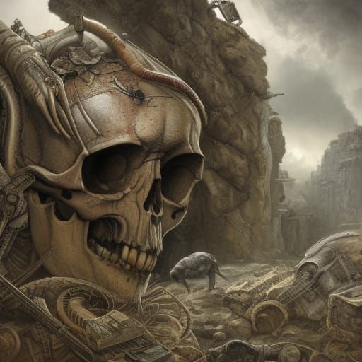 Giger Skull on Stone Wall in Detailed Matte Painting