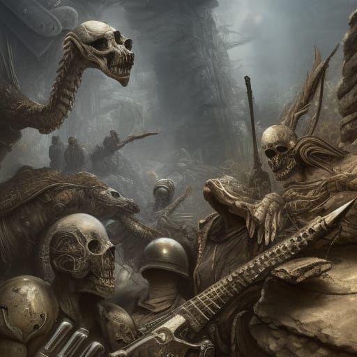 Giger Skull on Stone Wall in Detailed Matte Painting