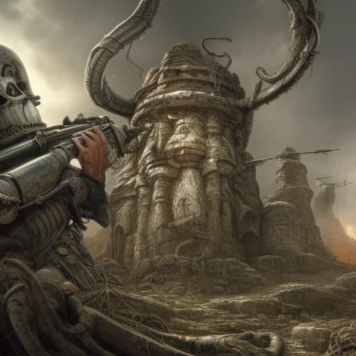 Detailed Skull on Stone Wall in War Setting