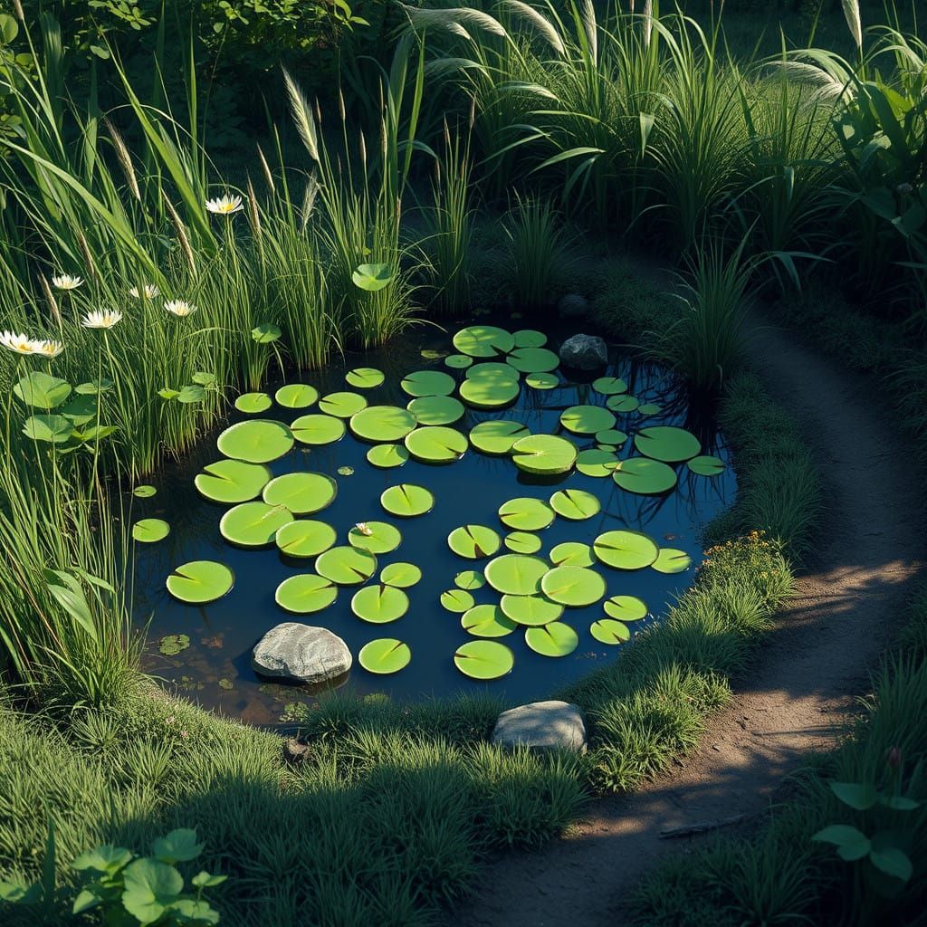 Serene Fantasy Pond Scene in Rich, Vibrant Colors