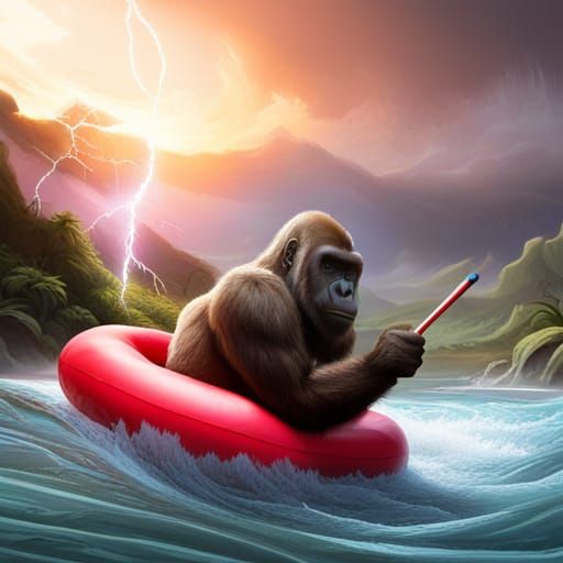Gorilla on River Float Struck by Lightning: 3D Render