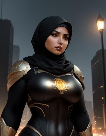 Fierce Athlete in Metal Suit Under City Lights