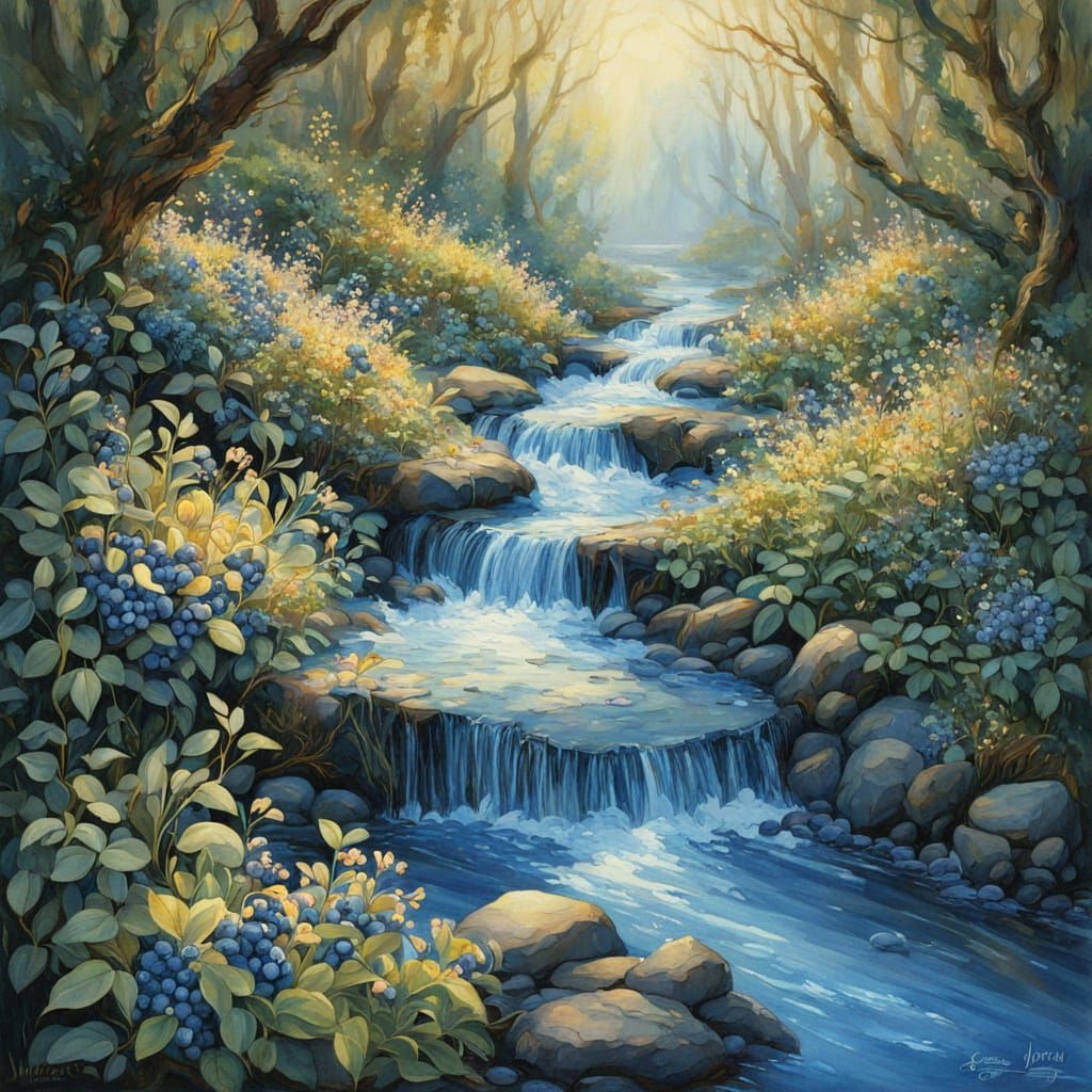 Blueberry Bush by Stream in Whimsical Fantasy Style