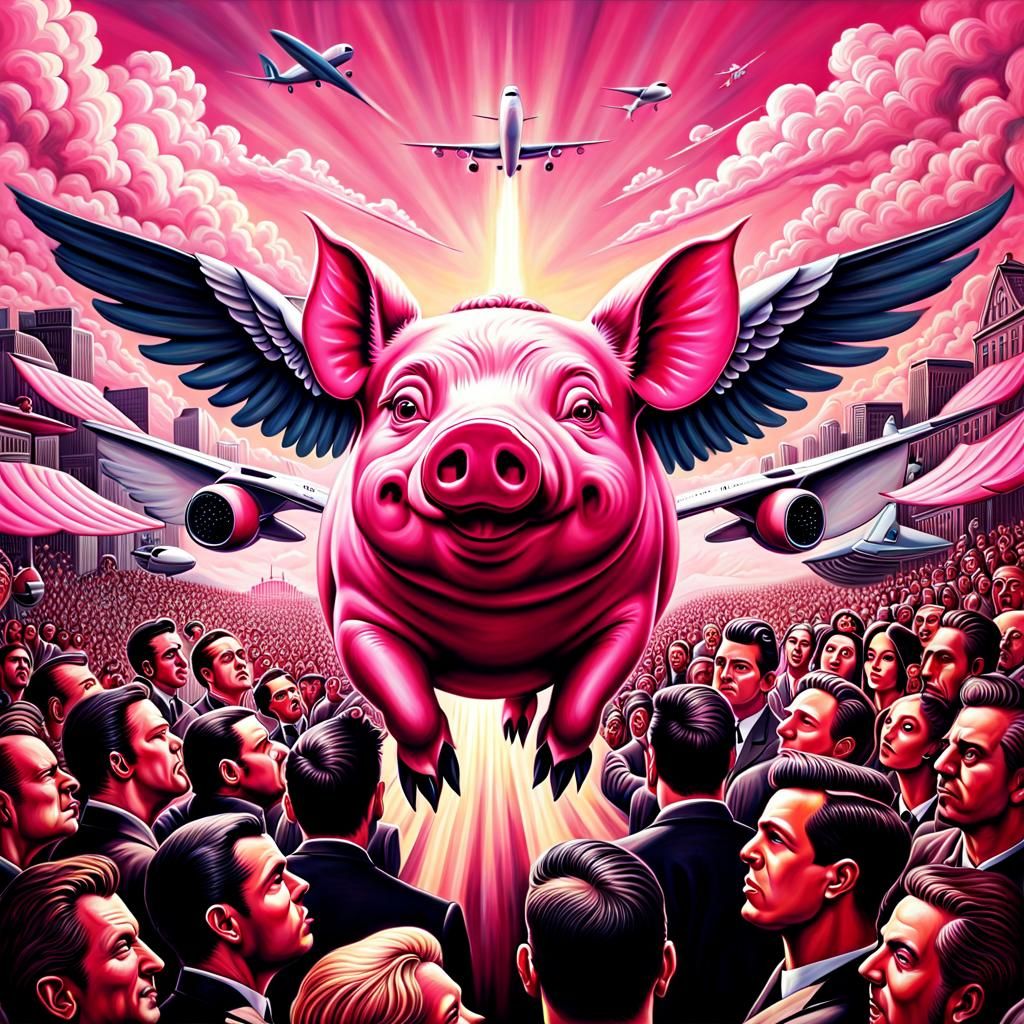 Winged Pig Flies Over Crowd in Nuclear Art Style