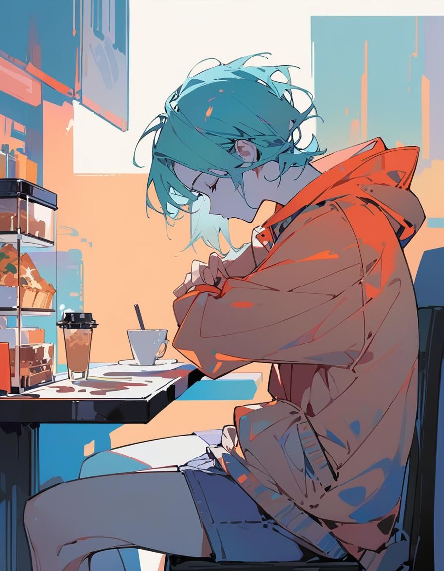 Boy in Pastel Cafe: Minimalist Line Art