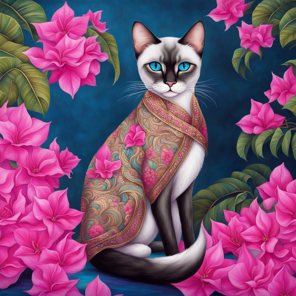 Siamese Cat in Thai Costume with Bougainvillea