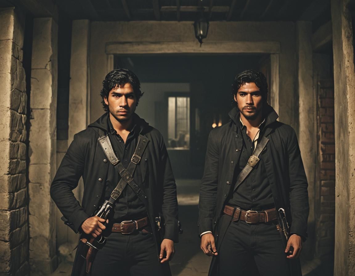 Colombian Bandits at Hacienda Entrance: Cinematic Film Still