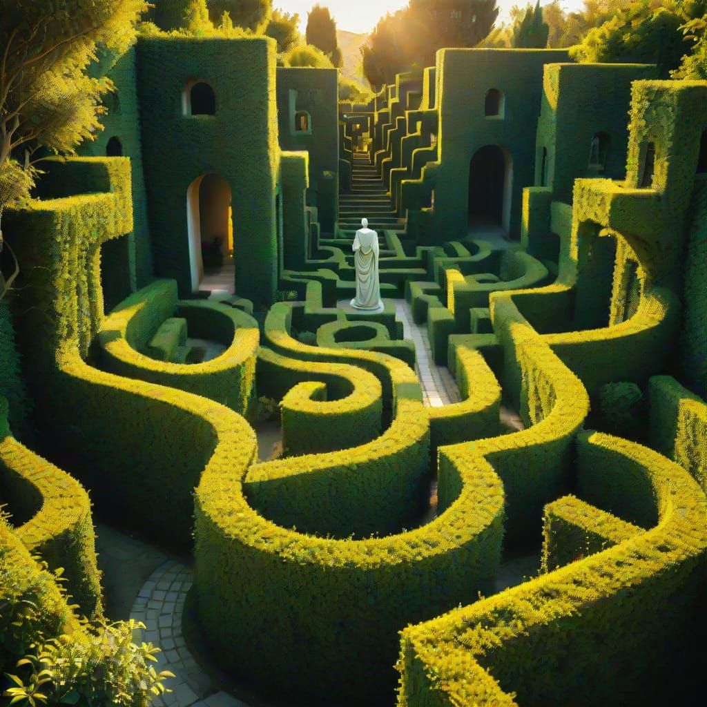 Surreal Hedge Maze with Hidden Statues in Dali Style
