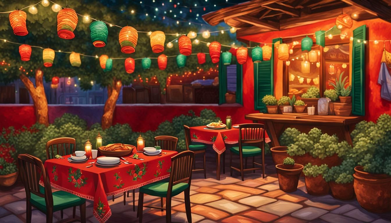 Charming Mexican Restaurant Courtyard at Night