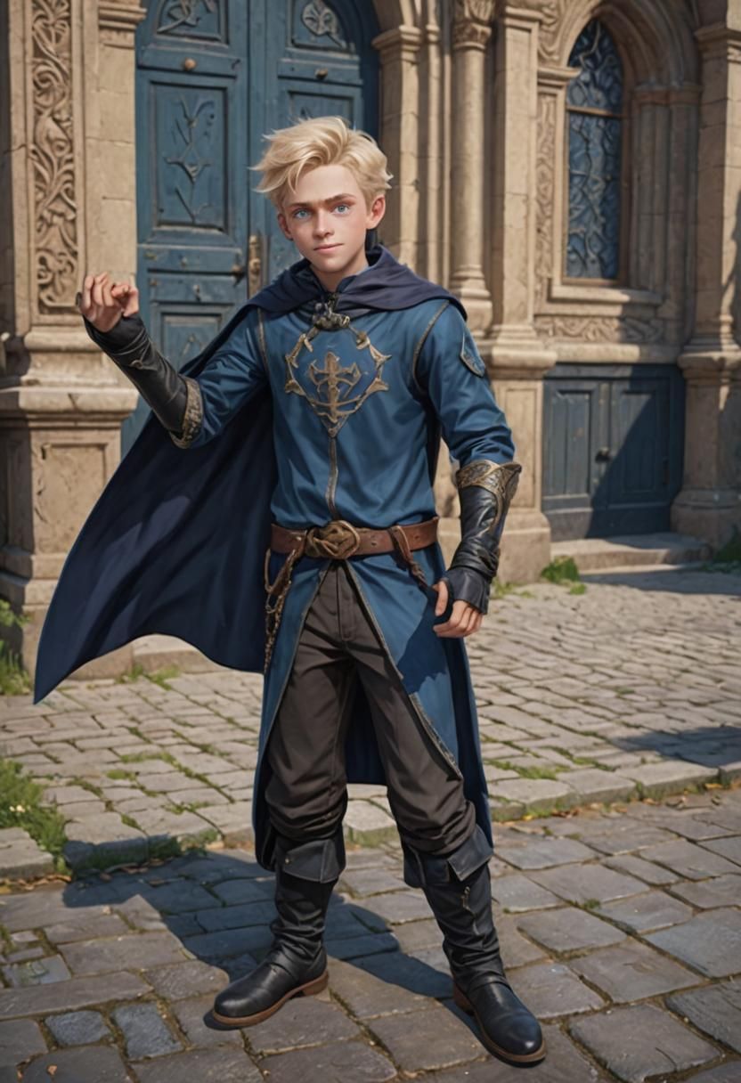 Grinning Boy in Blue Cape, Fantasy School Concept Art